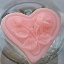 Load image into Gallery viewer, light pink blush floating heart candle with rose motif for wedding reception centerpieces