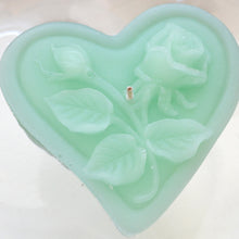 Load image into Gallery viewer, sea foam green floating heart candle with rose motif for wedding reception centerpieces