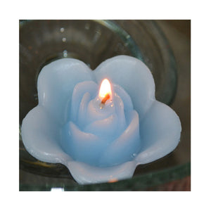 sky blue, baby blue colored rose shaped floating candle for wedding reception centerpieces