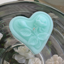 Load image into Gallery viewer, spa blue floating heart candle with rose motif for wedding reception centerpieces